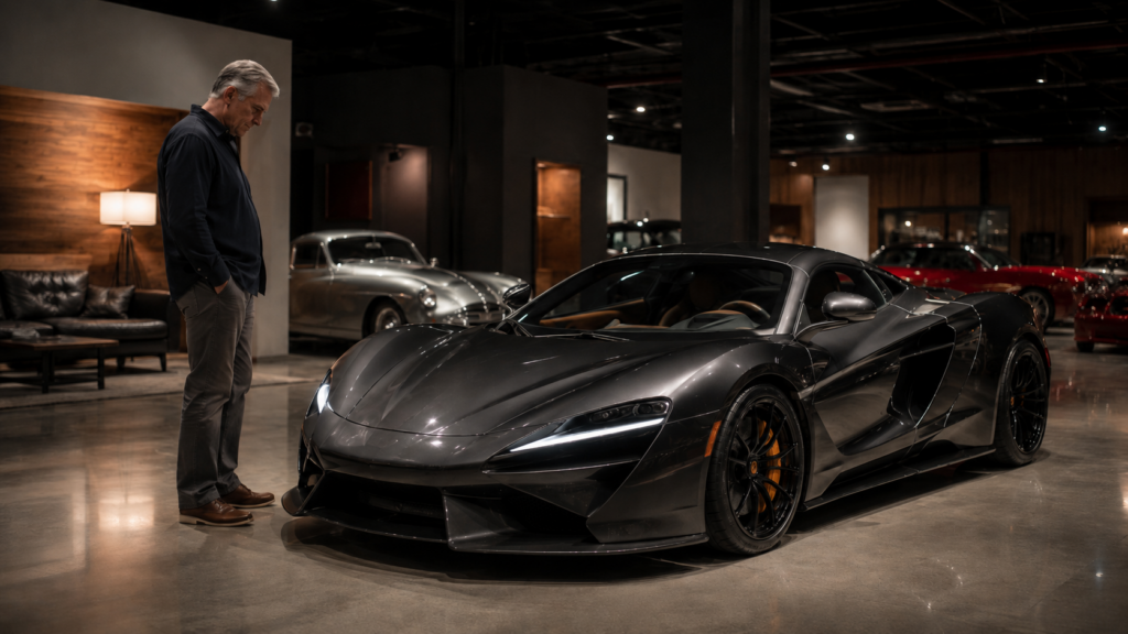 Exotic sports car inside Auto Vault Orlando with an automotive enthusiast considering the realities of ownership