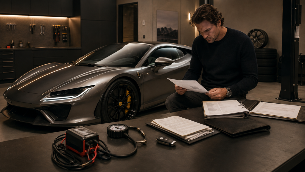 Exotic car with service records and ownership documents illustrating the real cost of exotic car ownership