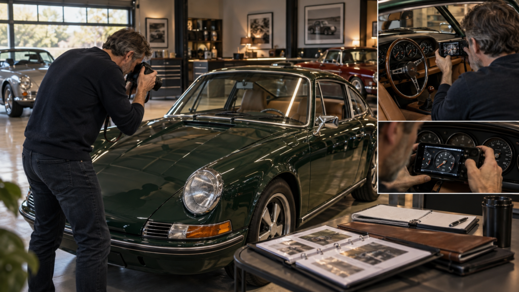 Collector car owner documenting vehicle condition for agreed value insurance