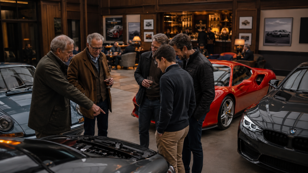 Automotive enthusiasts talking together inside a private car club