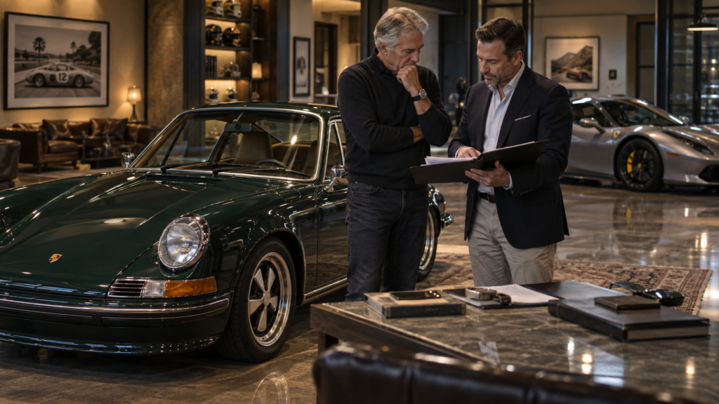 Collector Car Insurance in Florida: Storage, Agreed Value & Coverage Questions Owners Should Ask 4 Florida collector car owner reviewing insurance coverage beside a stored classic sports car