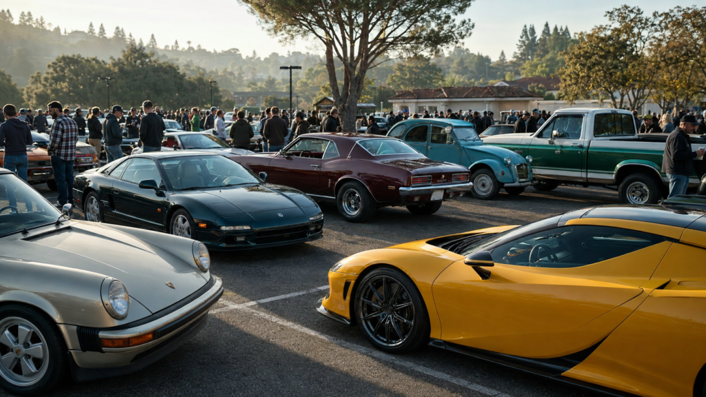 Classic, exotic, JDM and American performance cars together at a Cars and Coffee event