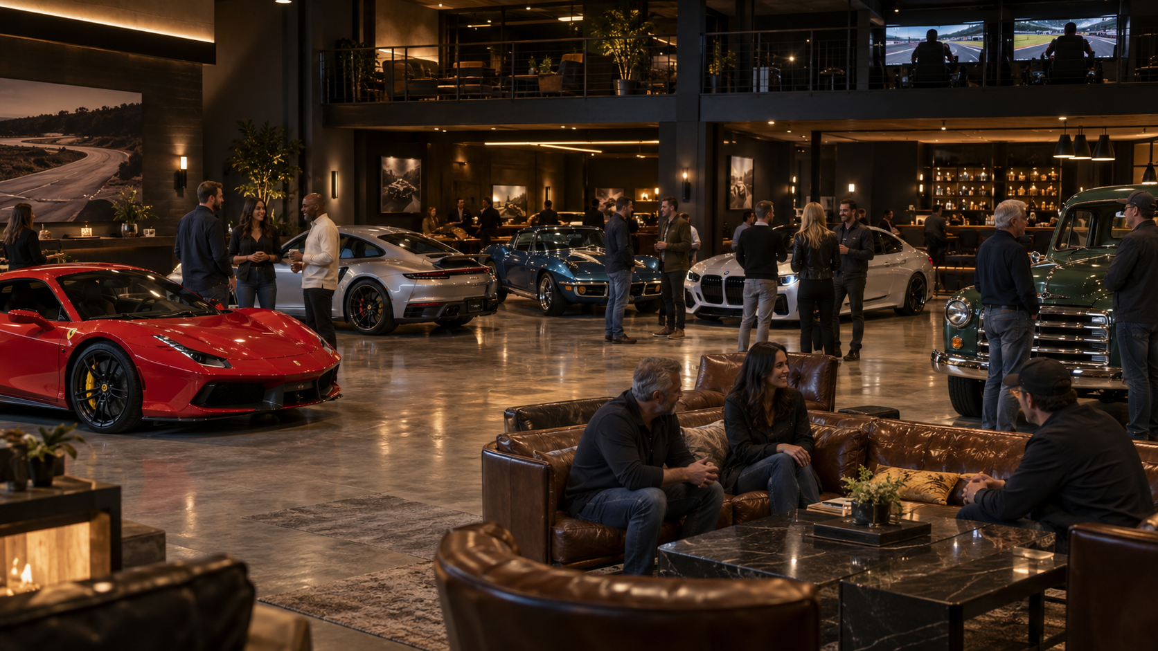 Different types of enthusiast cars gathered inside a private automotive club in Orlando