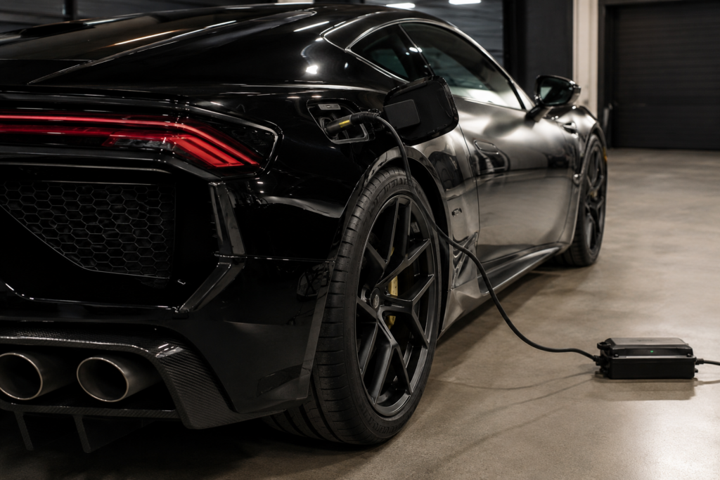 Battery maintainer connected to an exotic sports car during long-term storage