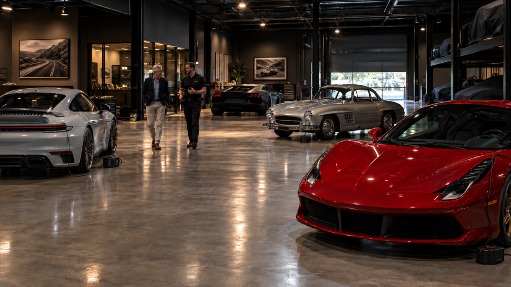 Exotic cars inside a premium climate-controlled vehicle storage facility in Orlando Florida