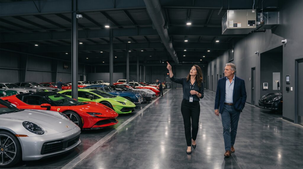 Collector car owner touring a professional exotic car storage facility