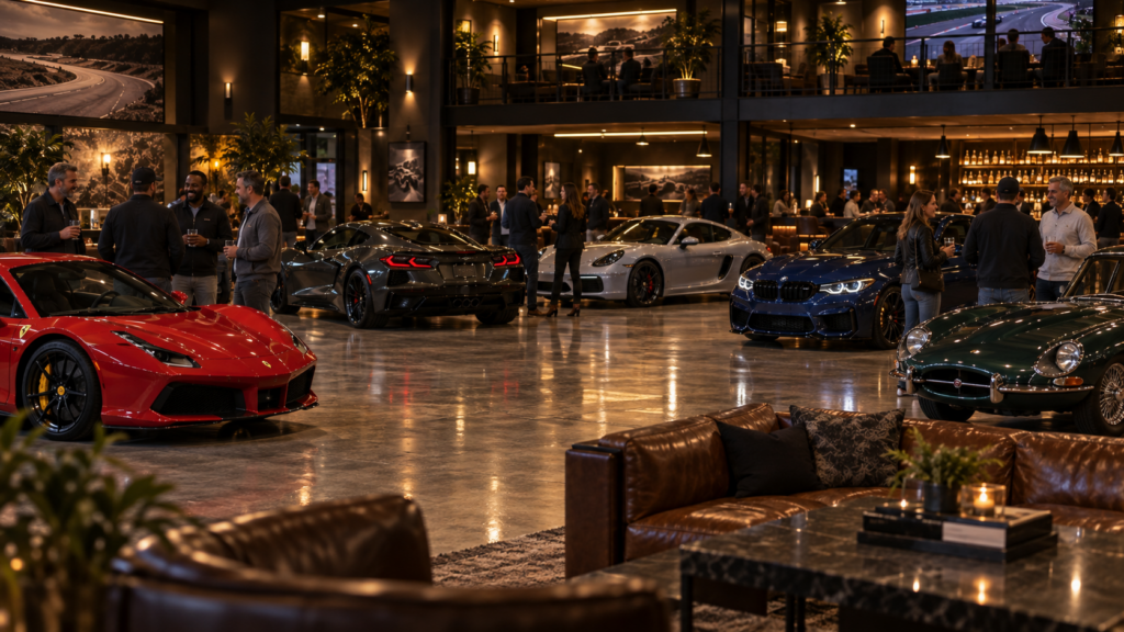 Ferrari Corvette Porsche and classic car owners together at a private automotive club