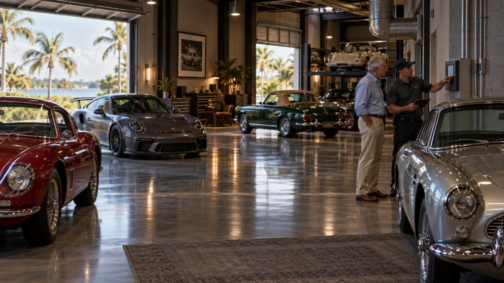 Florida Humidity and Collector Cars: What Actually Happens to Paint, Leather, Electronics & Metal 2 Collector car stored in a climate-controlled Florida garage with humidity monitoring