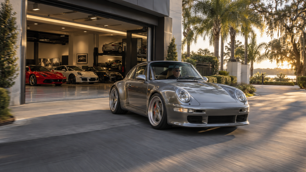 Collector sports car leaving a private Orlando car storage facility for a regular exercise drive