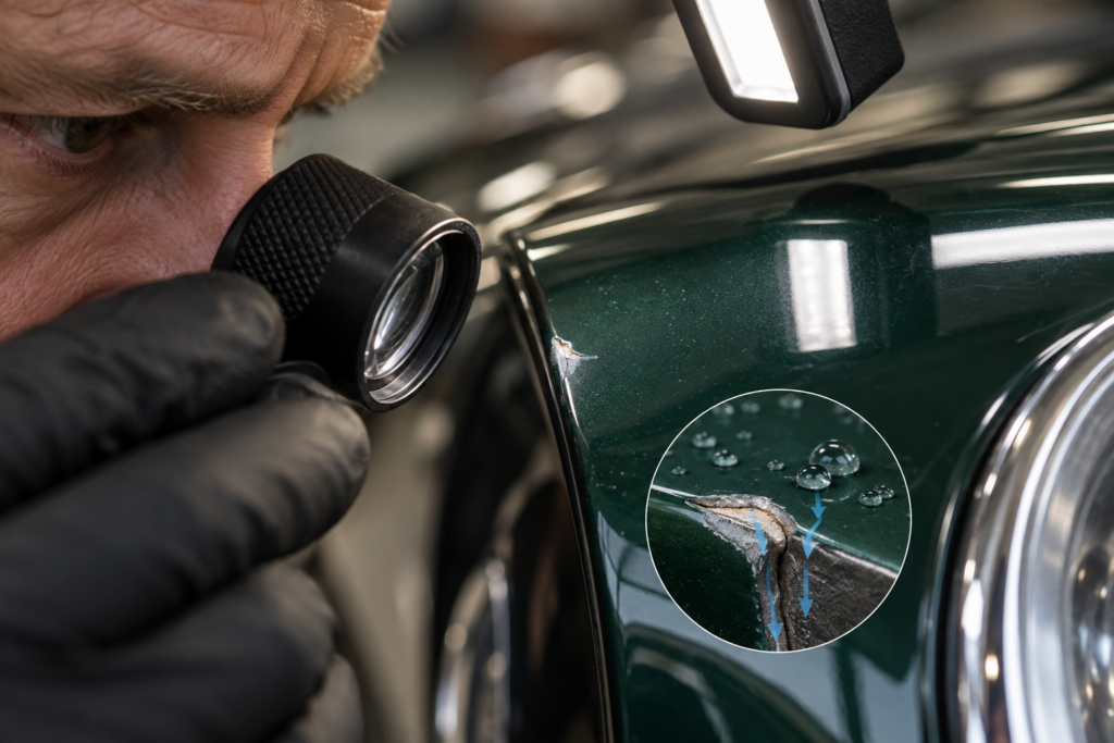 Technician inspecting a small paint chip for corrosion on a collector car