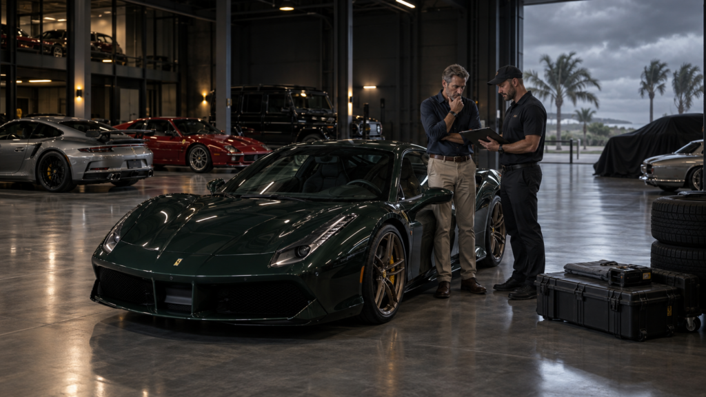 Exotic and collector cars protected inside a climate-controlled Florida storage facility during hurricane season