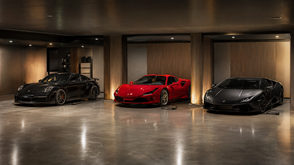 Porsche Ferrari and Lamborghini stored inside a climate-controlled exotic car facility
