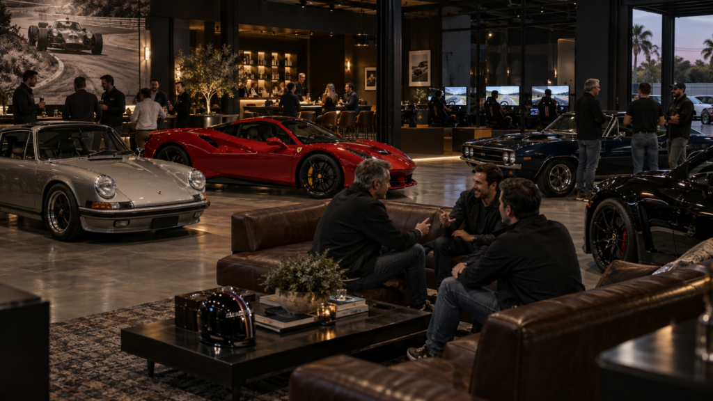 Private Car Clubs in Orlando: What They Are, What They Cost & Who Should Join 3 Automotive enthusiasts socializing inside a private car club in Orlando Florida