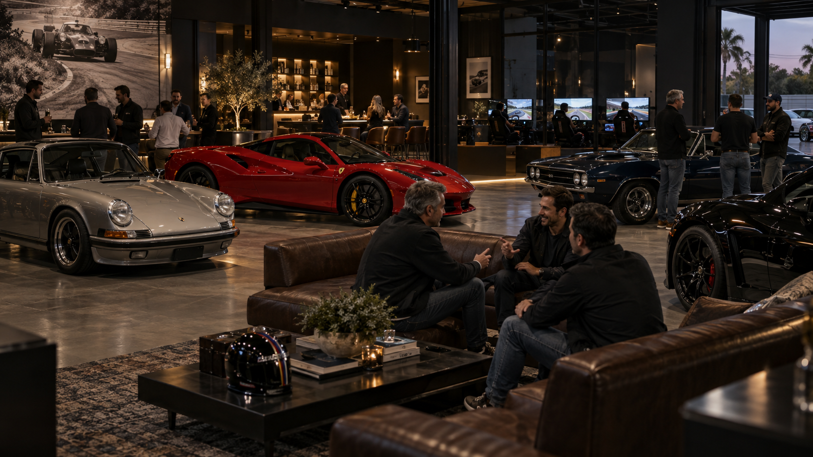 Automotive enthusiasts socializing inside a private car club in Orlando Florida