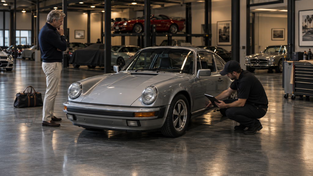 Collector car owner preparing a vehicle for seasonal storage before leaving Florida