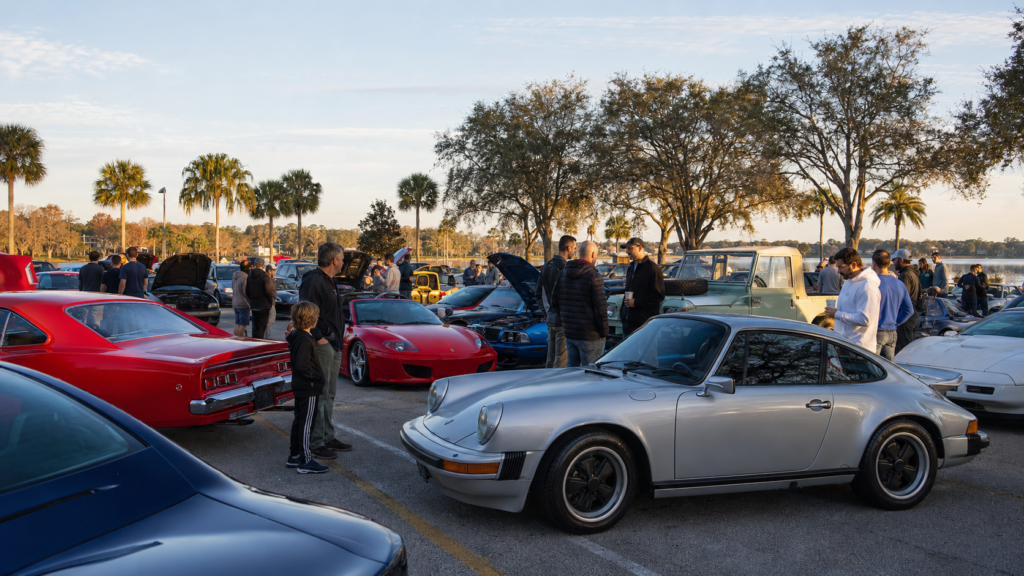 Diverse group of automotive enthusiasts and collector cars at a Cars and Coffee gathering in Central Florida