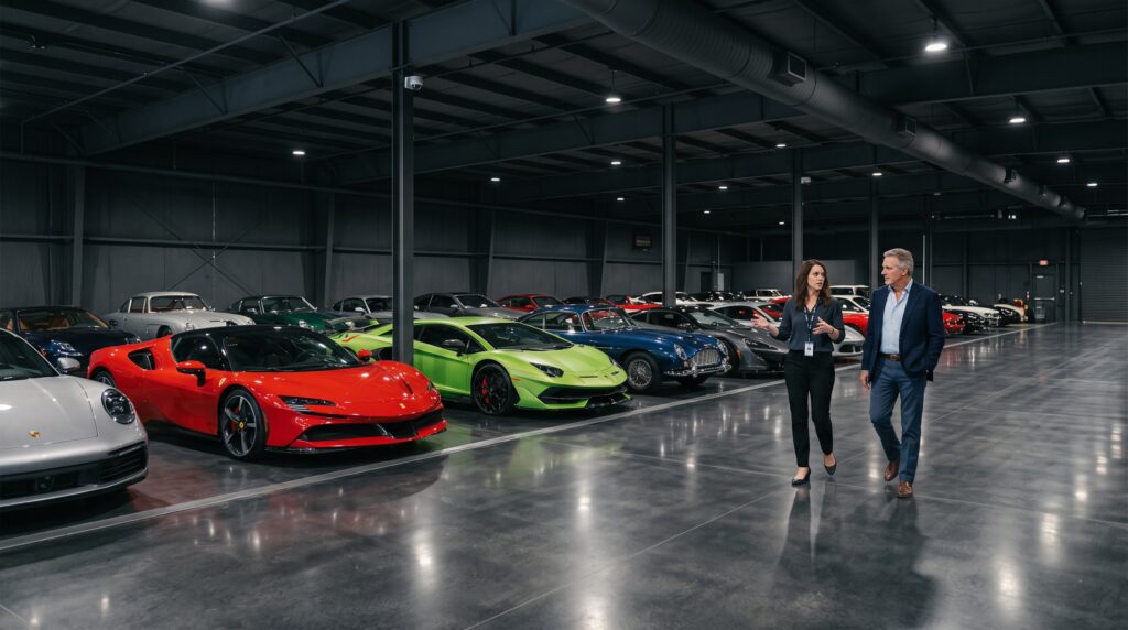 Exotic and collector cars inside a secure climate-controlled vehicle storage facility