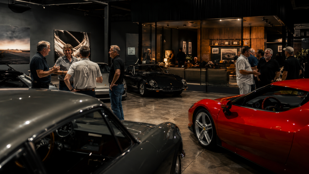 Car enthusiasts gathering inside the private Auto Vault Orlando automotive club